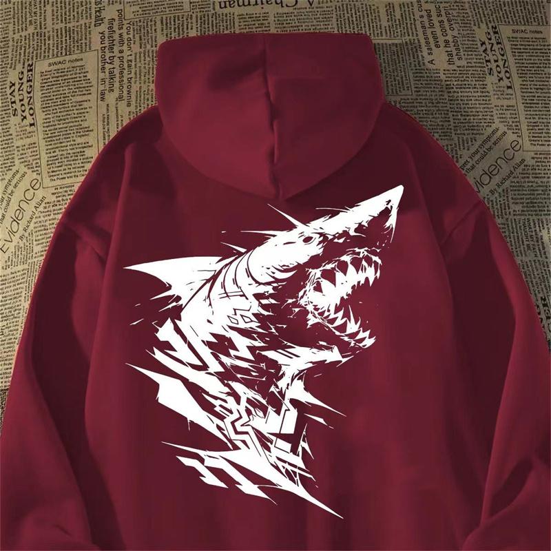 2025 Autumn Gothic Shark Printed Hoodies Men's Hip Hop Fashion Cotton Fleece Hooded Sweatshirts Y2K Streetwear Hoody Clothes