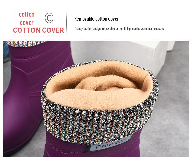 Cizme de ploaie calde până la jumătatea gambei pentru femei - Pantofi de cauciuc impermeabili, antiderapanți cu căptușeală de bumbac