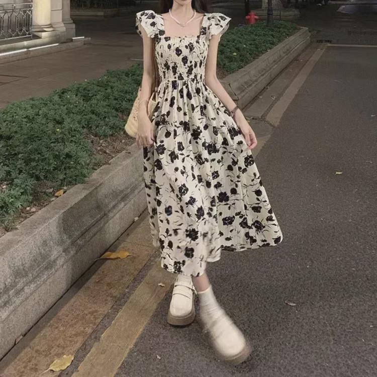 Sommerliches Blumenkleid mit französischen Ärmeln für Damen, schlankmachendes Midikleid im Hepburn-Stil
