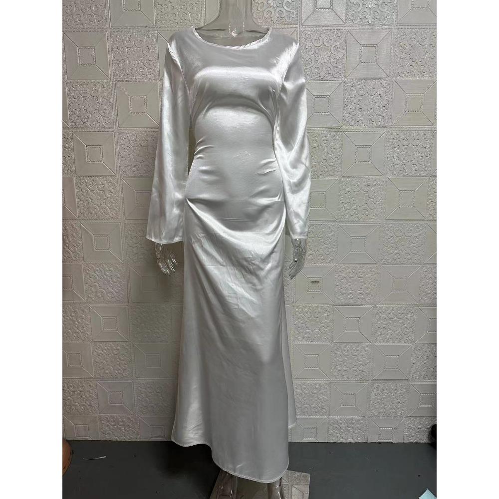 Womens Dresses New Long Dresses Fashion Simple Round Neck Satin Flare Sleeve LaAe Up Slim Evening Party Dresses Sexy Dress