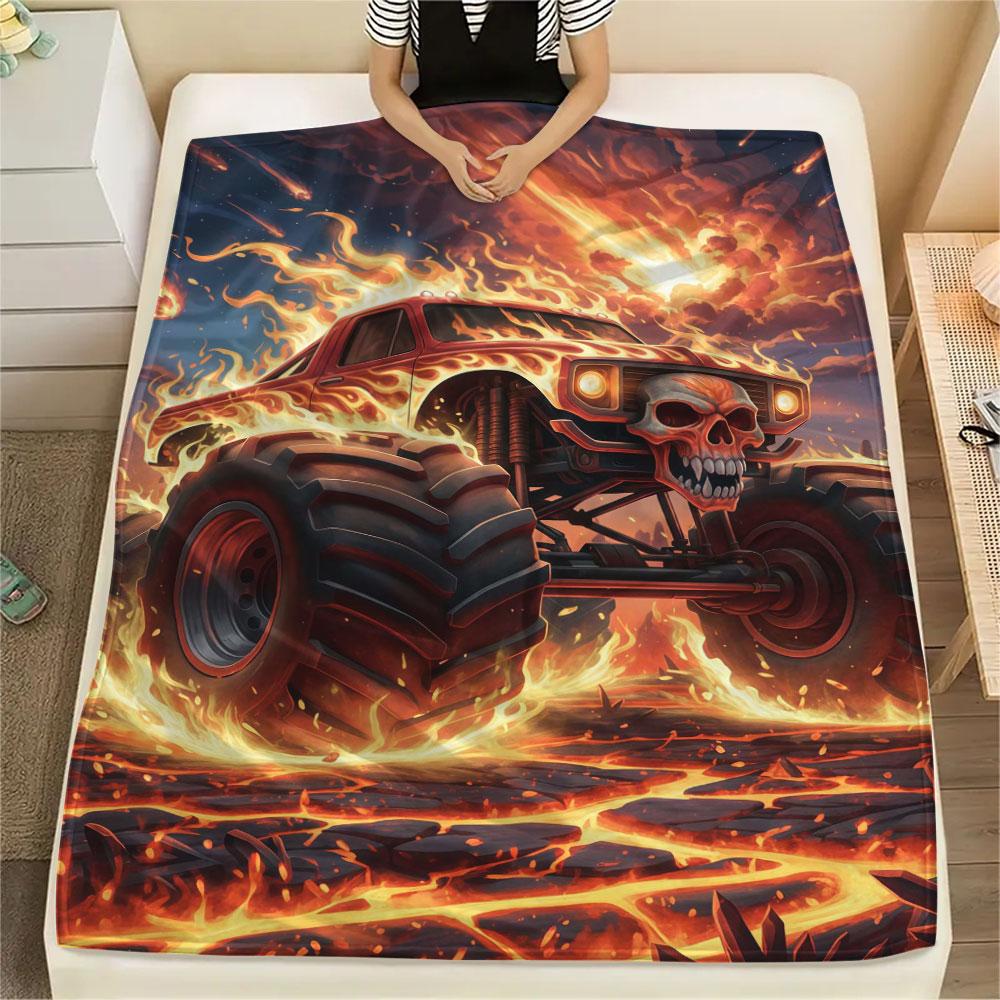 1Pc BadBeastTruck Print Flannel Blanket, High Quality Comfortable for All Seasons, Home Decor, Warmth and Comfort, Perfect for Christmas Gifts