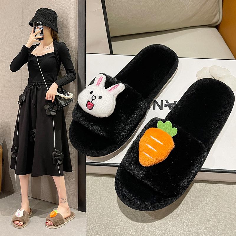 

Хлопковые тапочки для женщин, милые кролики-редиски осенью и зимой, теплые домашние плюшевые послеродовые тапочки, односложные тапочки, тапочки с героями мультфильмов 36/37 чёрный