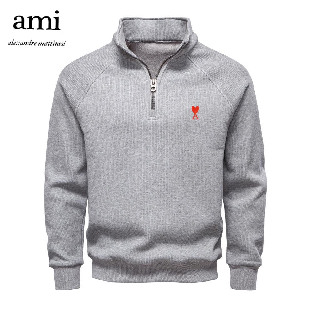 AMI 2025 Nieuwe Herfst/Winter Borduurwerk Halve Rits Hoodie Opstaande Kraag Trendy Veelzijdig Pluche Heren Hoodie S