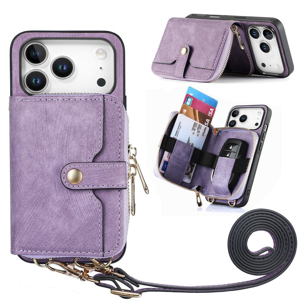 For iPhone 17 Pro Max PU Leather Phone Back Cover with Zipper Card Holder and Long Strap