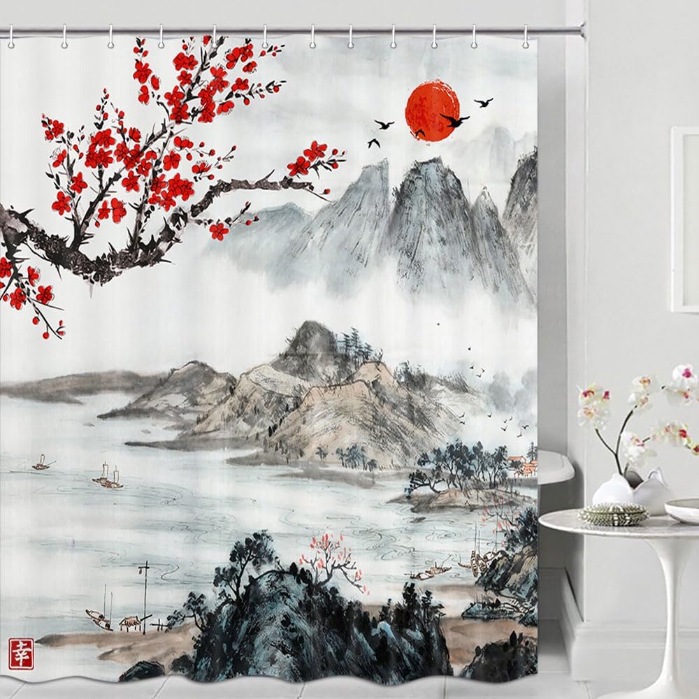 Asian Scenic Shower Curtain Sets, Chinese Japanese Landscape Black Mountain and Pine Tree Ink Painting Bathroom Curtain