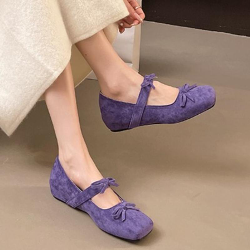 2025Inner Increase Flat  Spring New Square Head Shallow Mouth Suede Butterfly Knot Set Foot Soft Sole Non-slip Single Shoes