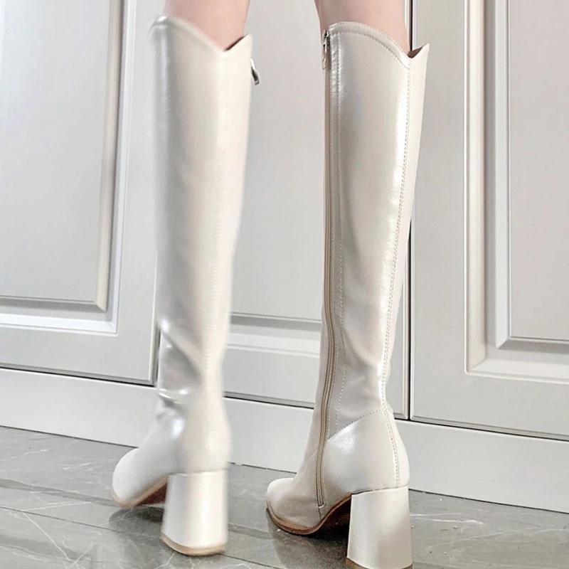 Fashion Winter 2024 Ladies Knee High Shaft Shoes Pointed Toe Solid Color Large Size Warm Footwear Chic and Elegant Pu Women's Long Boots