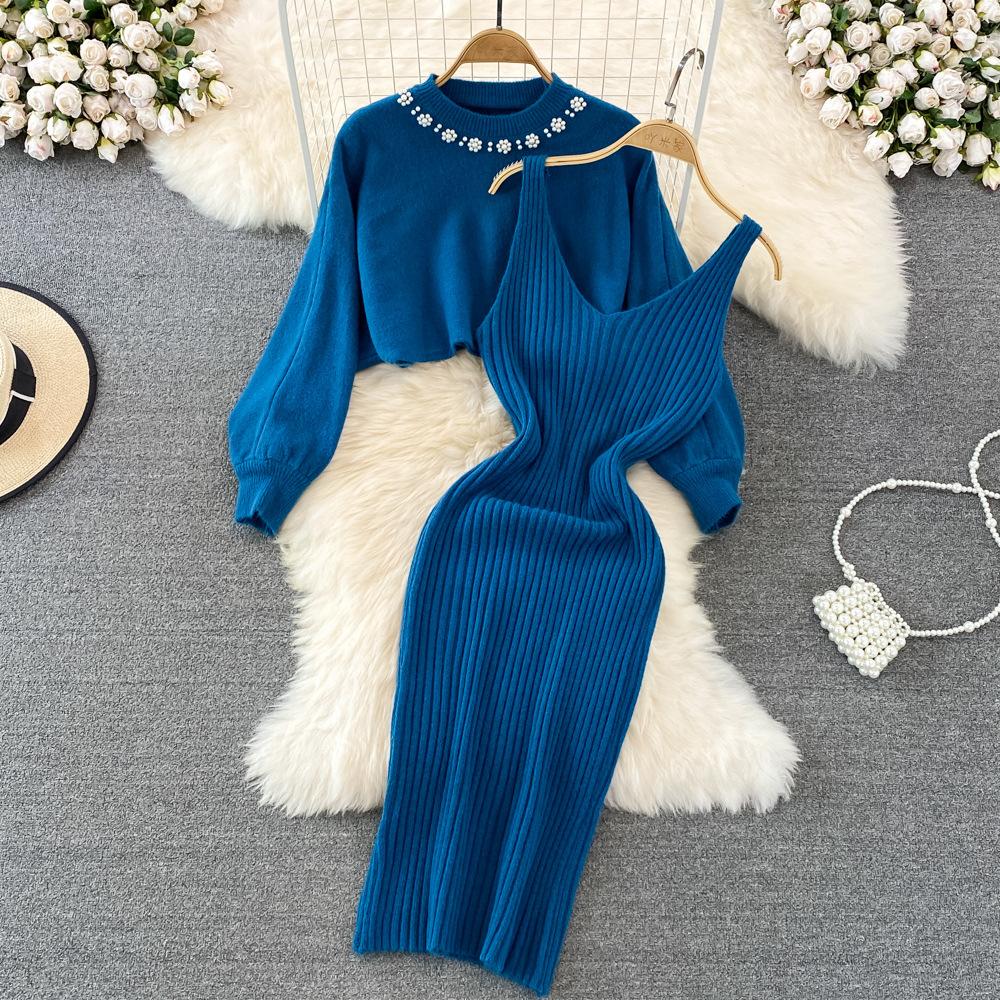 Celebrity Temperament Round Neck Beaded High Waist Short Belly Button Sweater Two-piece Set Spice Girl Knitted Vest Dress