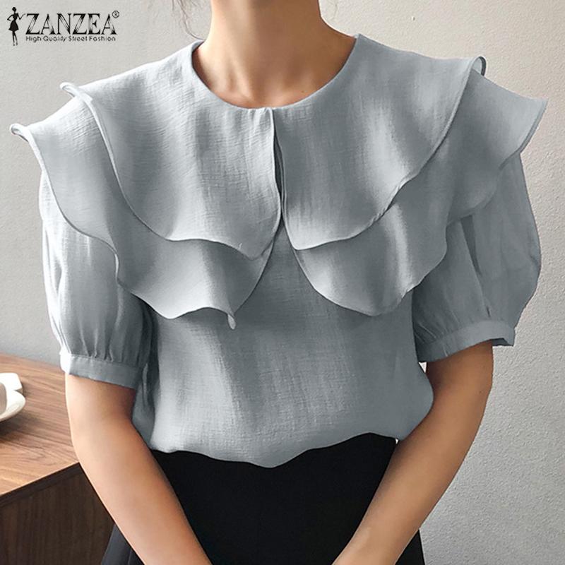 

ZANZEA Женская мода Оборки Воротник с коротким рукавом Летняя блузка Рубашки