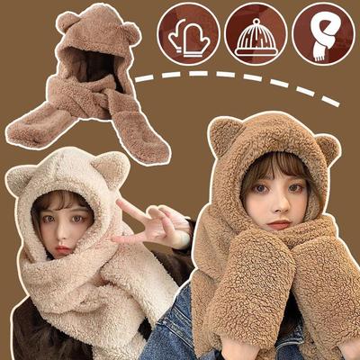 Fashion Winter Women Novelty Beanies Caps Warm Bear Plush Set Scarf Women Present Hat Solid Ear I5L3