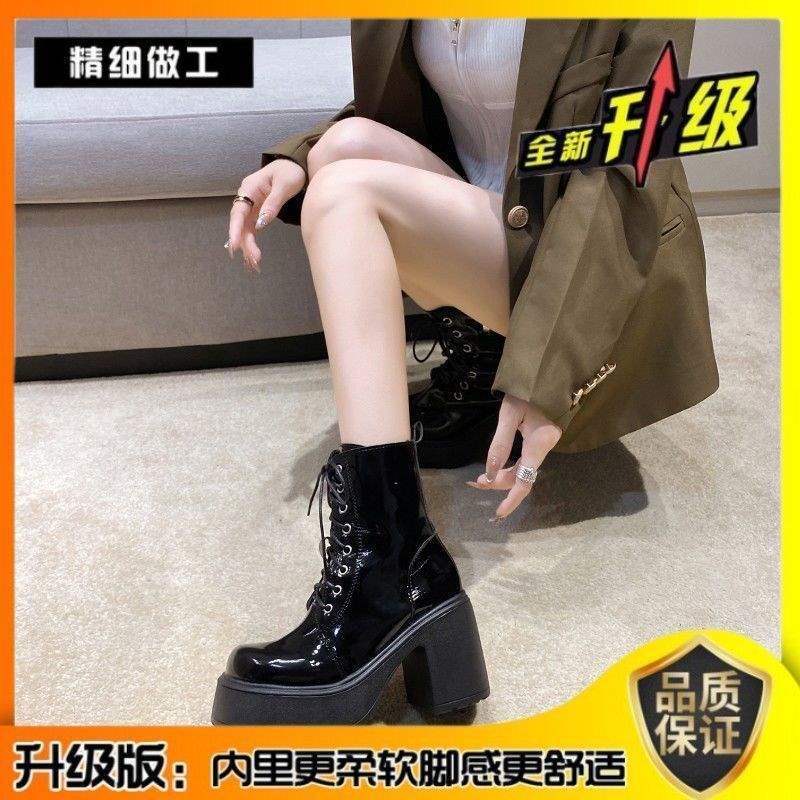Rundkopf Schnür-Martin-Stiefel mit hohem Absatz Damen dicker Absatz 2025 Plateau Stiefeletten klein Herbst und Winter Weichlederstiefel Damen breite Füße