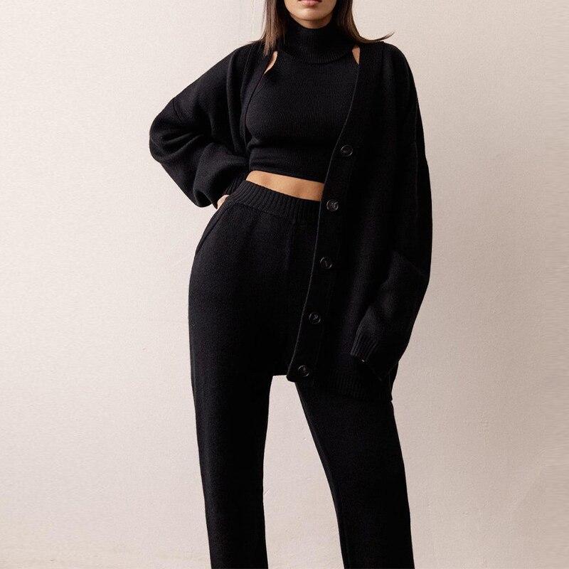 Knitted Solid Women Cardigans Sets Turtleneck Sleeveless Pullovers with Loose Pants Suit 2021 Winter Elegant Ladies Set 3 Pieces
