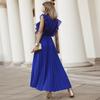 Temperament beach long dress fashionable slim fit sexy lotus leaf sleeve pleated skirt solid color dress