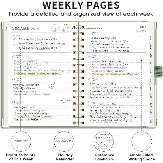 AHGXG 2026 Planner, Weekly and Monthly, 2026 Calendar, Jan 2026 - Dec 2026, Hardcover with Monthly Tabs, 100 GSM Thick Paper, for Women School Home