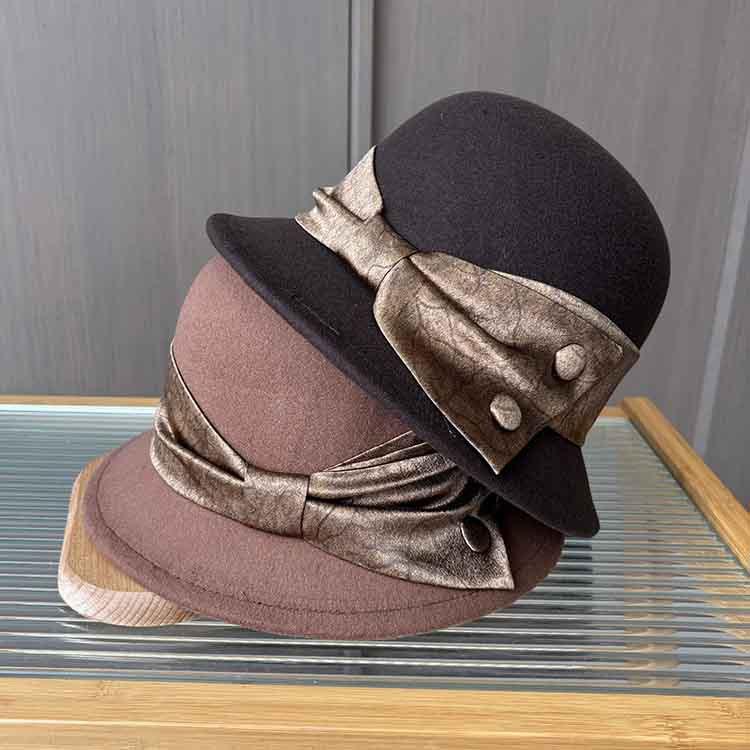 New Contrasting Color Big Bow Top Hat Autumn and Winter Woolen Hat Women's Retro Fisherman Basin Hat