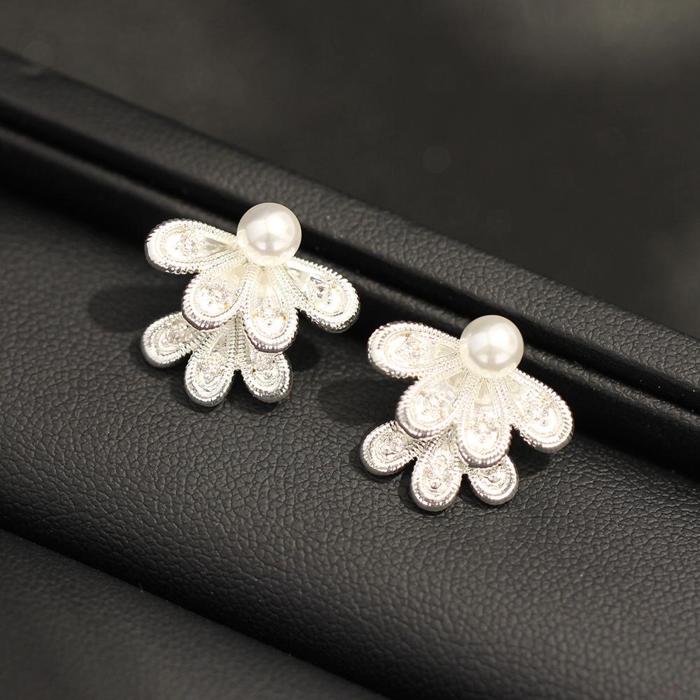 New Chinese lace half fan butterfly double pearl flower stud earrings femininity exquisite high-end earrings earrings