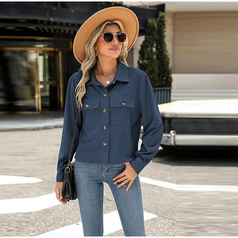 Autumn Women Fashion Casual Coat Button Down Tops Solid Turn-down Collar Long Sleeve Office Lady Crop Jackets