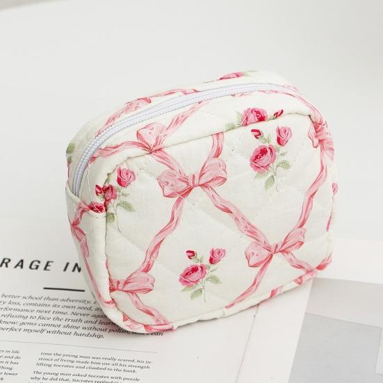 Girls Quilted Cosmetic Bag Soft Floral Makeup Pouch Elegant Bow Knot And Flower