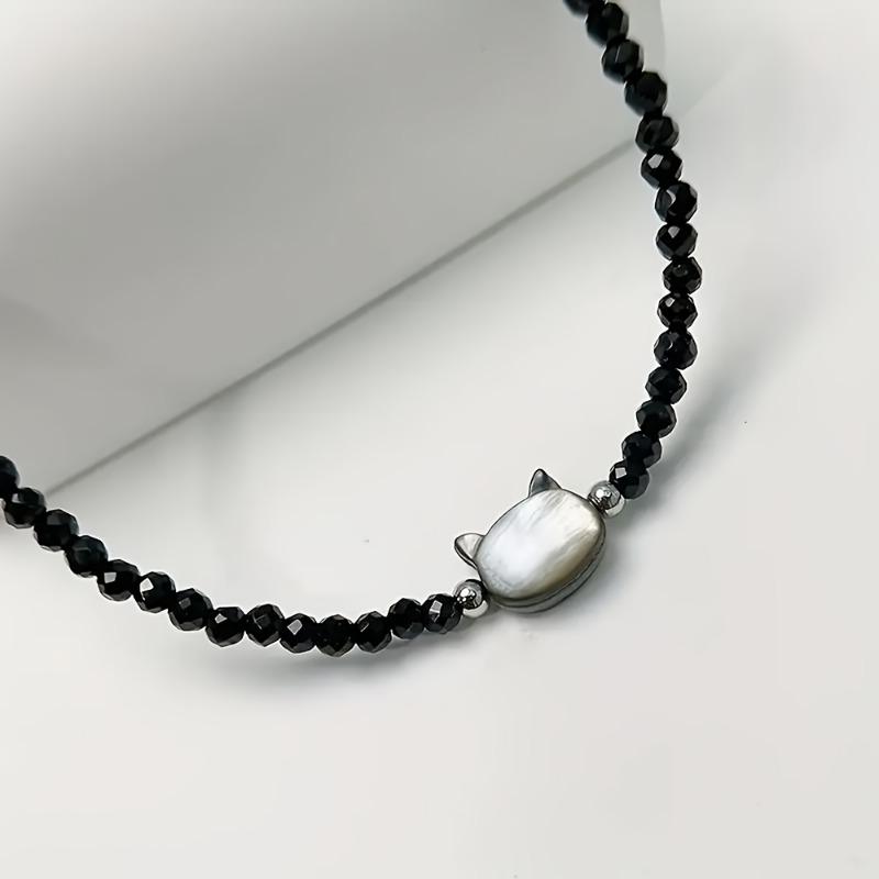 Natural Stone Cat Head Pendant Necklace, Elegant Minimalist Gift, Black Crystal Necklace with Premium Feel, Daily Wear Choker