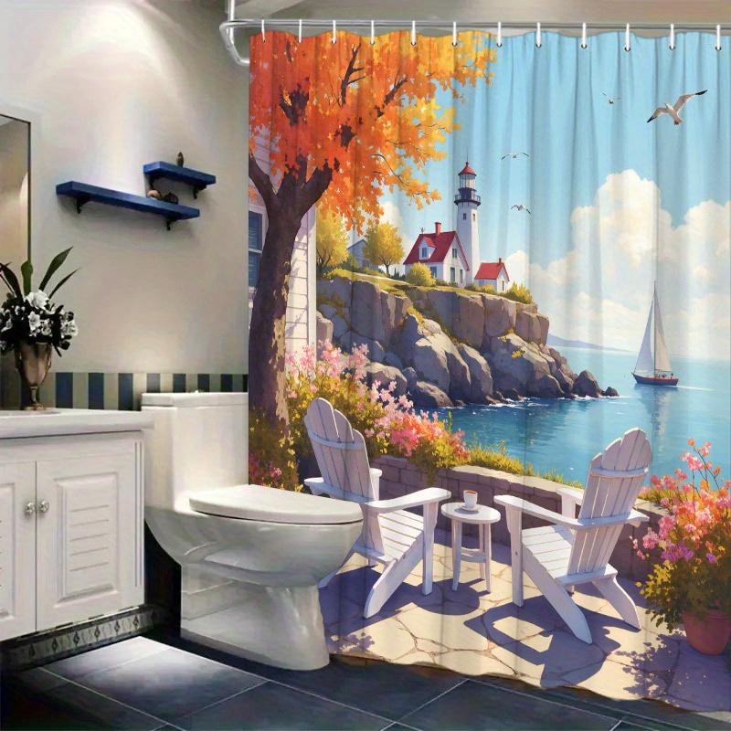 1pc Coastal Scene Shower Curtain - Adirondack Chairs, Lighthouse & Sailboat, 70.8x70.8", 12 Hooks, Calm Sea Design