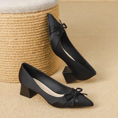 Black Heels Elegant Woman Heeled Shoes Show Thick Heel Pointed Women's Shoes 2026 New Bow Satin Middle Heel Single Shoes Women
