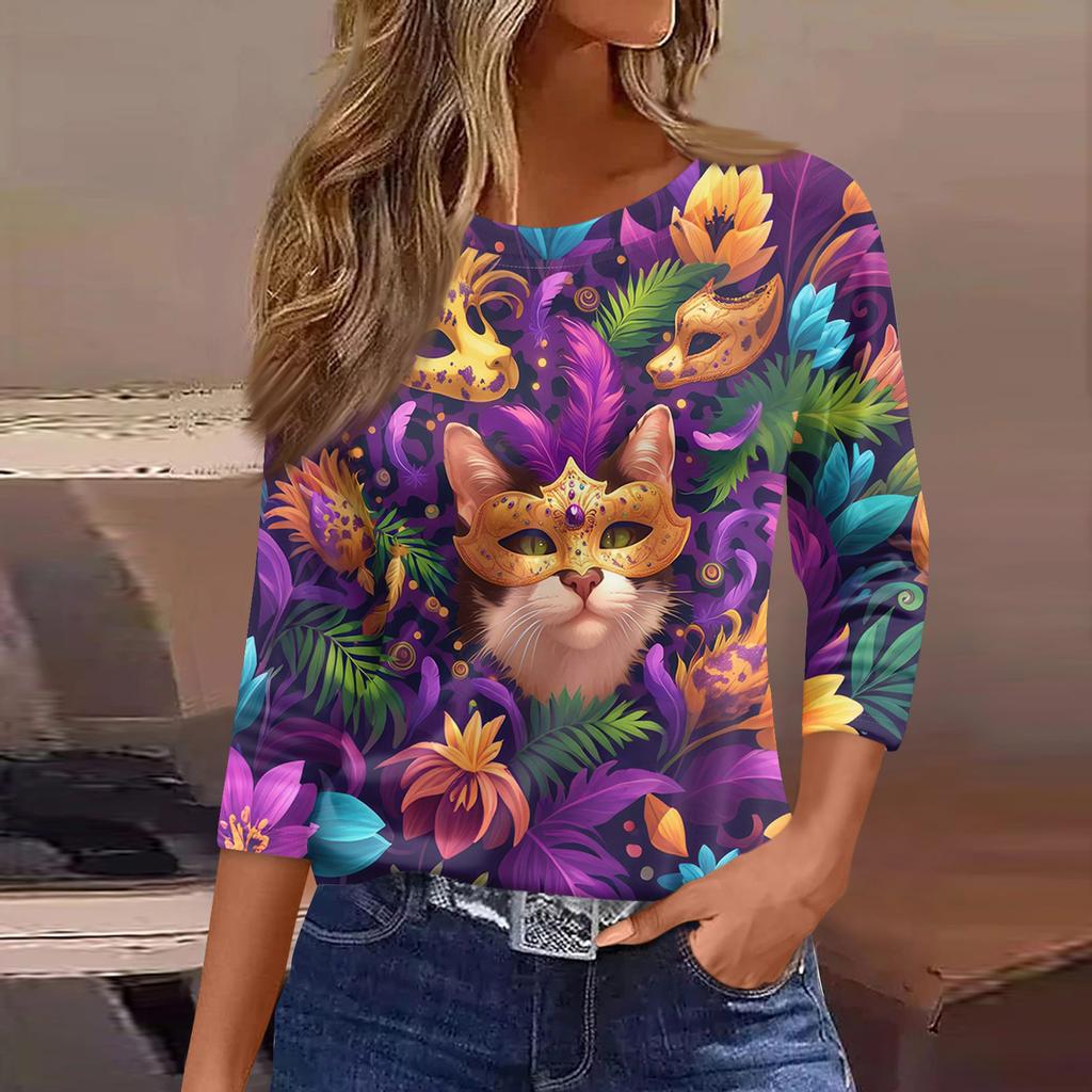 3/4 Length Sleeve Womens Tops Floral Print Vintage Fashion Casual Loose With Round Neck Plus Size Shirts
