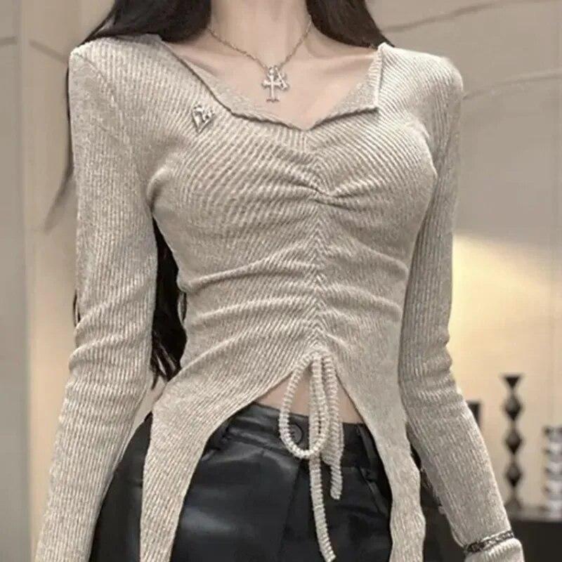 2KWEIRD Hotsweet T-shirts Women Crop Y2k Tops Irregular American Streetwear Designer Bandage Gothic Harajuku Long Sleeve T-shirts