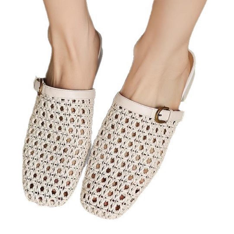 Sheepskin version~ 3cm thick heel slippers women's summer outer wear woven hollow breathable hole half drag fisherman sandals