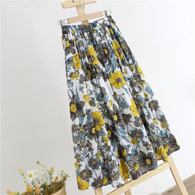 Summer Printed Half Length Skirt Fragmented Flower Pattern Umbrella Skirt Large Wave Point Mid Length Skirt A-line Skirt