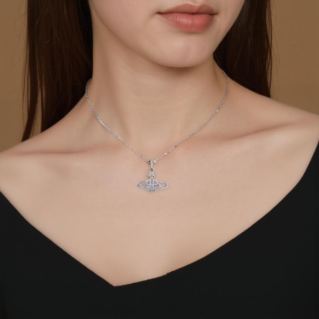 VIVIENNE WESTWOOD Mini Bas Relief Saturn Pendant Brass Necklace Unisex Necklace Silver Lavender 63020086-02P491