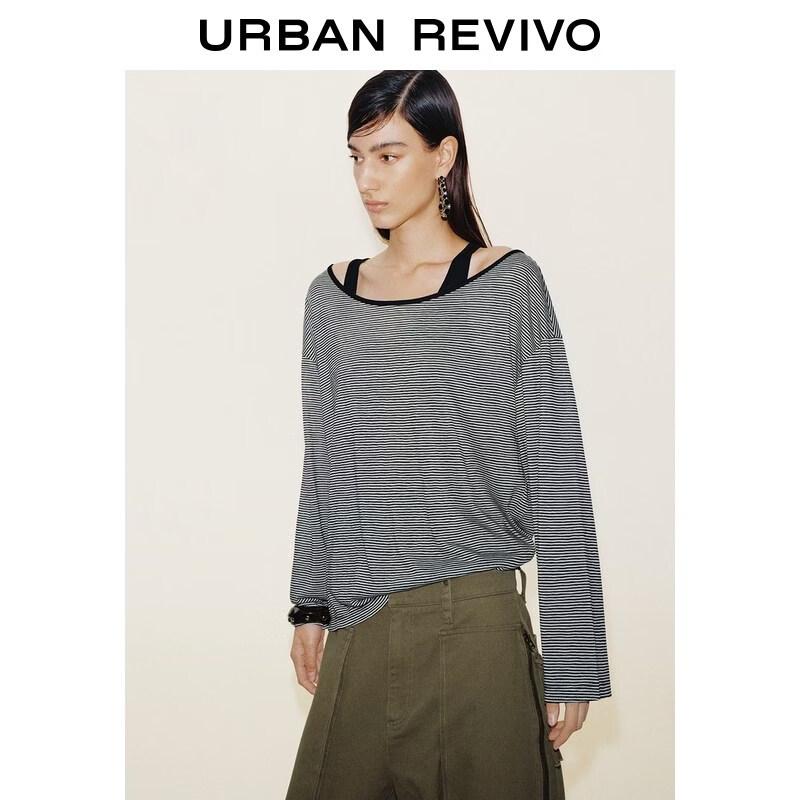 UR2026 Women's Casual Color-Block Stripe Layered Look Long Sleeve T-Shirt