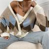Women S V Neck Long Sleeve Loose Fit Geometric Pattern Knit Cardigan Sweater