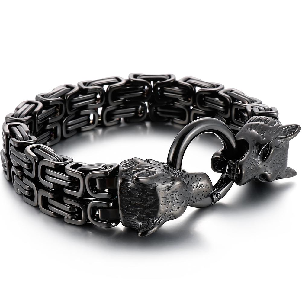 Gothic Herrenarmband mit Wolfskopf Schwarzgoldfarben 316L Edelstahl Doppelgliederkette Schmuck 8,66 Zoll Männliches Accessoire