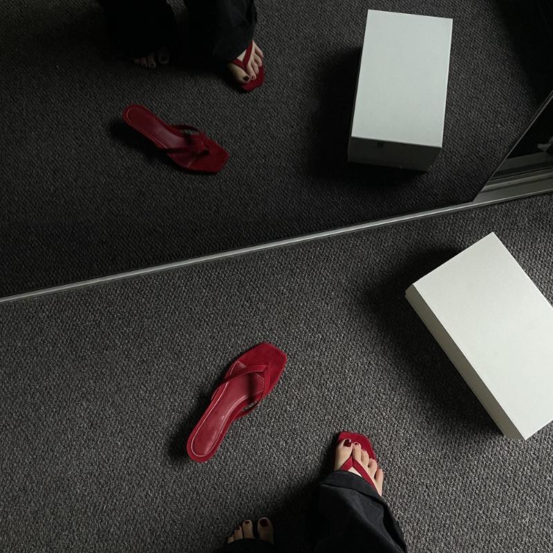 Sheepskin~ Za New Red Leather Cat and Flip-flops for Women In Summer, Wearing Slippers with High Heels and Cool Slippers.