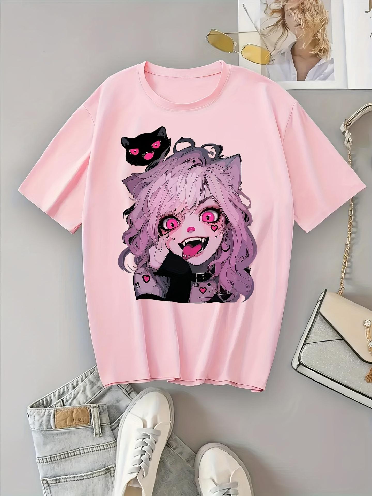 

Женская милая футболка с графикой кошки, с коротким рукавом, с круглым вырезом, повседневный топ с дизайном розовых волос и сердечек, повседневная футболка, футболка с кошкой S