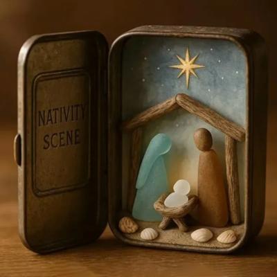 Kustkerststal Ornament Handgemaakt Zeeglas Kunst Mini Kerststal in Een Blikje Verzamelbaar Heilige Familie Decoratie Christelijke Gift voor
