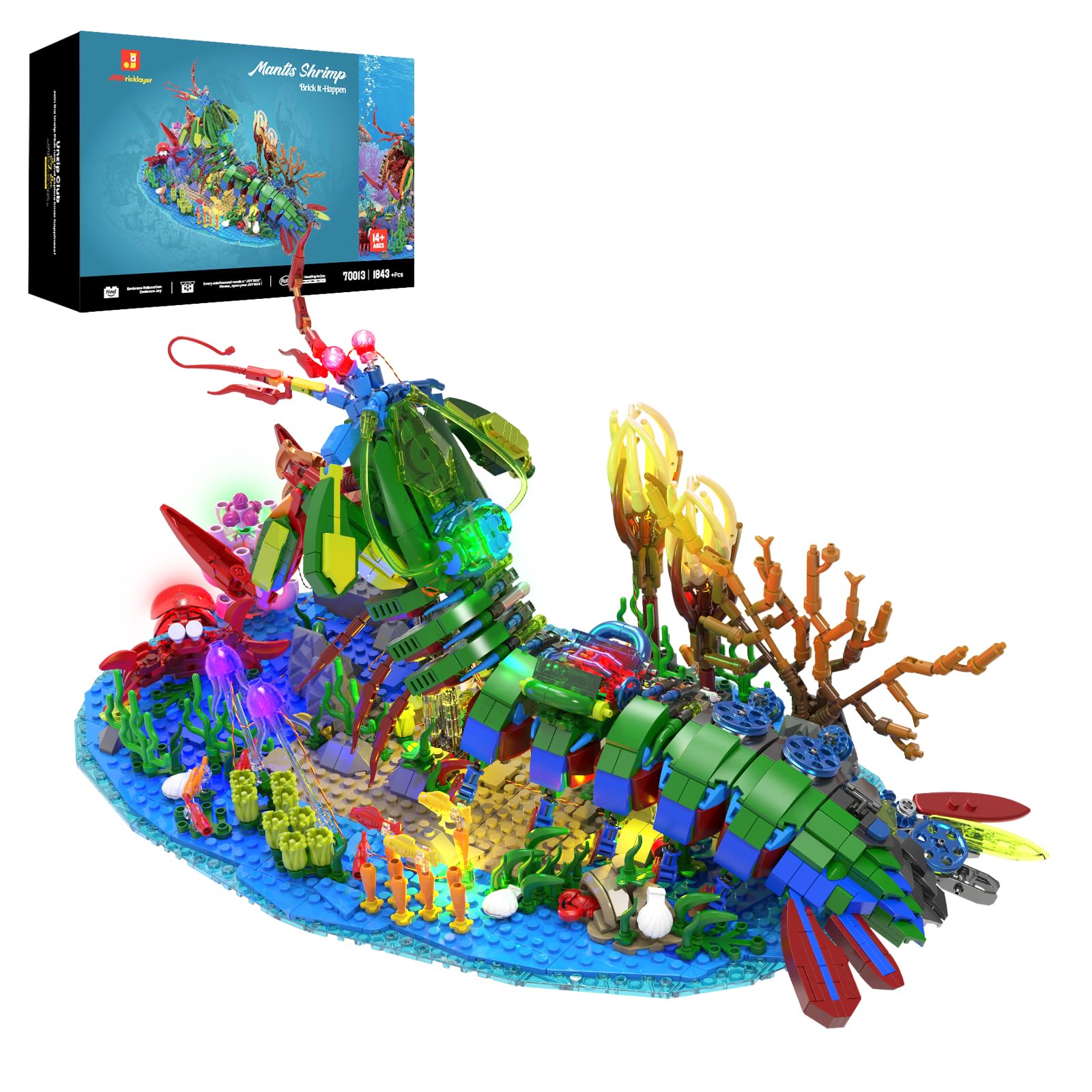 

JMBricklayer Mechanic Mantis Shrimp Building Blocks Set with LED Lights, Marine Life 70013, Sea Animal Model with Jellyfish, Crab, and Coral Reef,