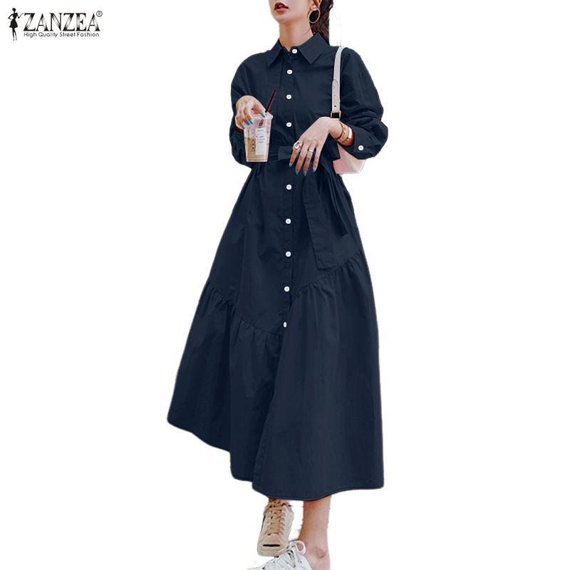 ZANZEA Women Turn Down Collar Casual Long Sleeve Loose Shirt Dress