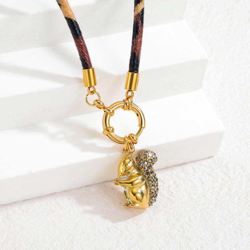Stainless Steel Rhinestone Squirrel Pendant Necklace with Leopard Print Rope Chain