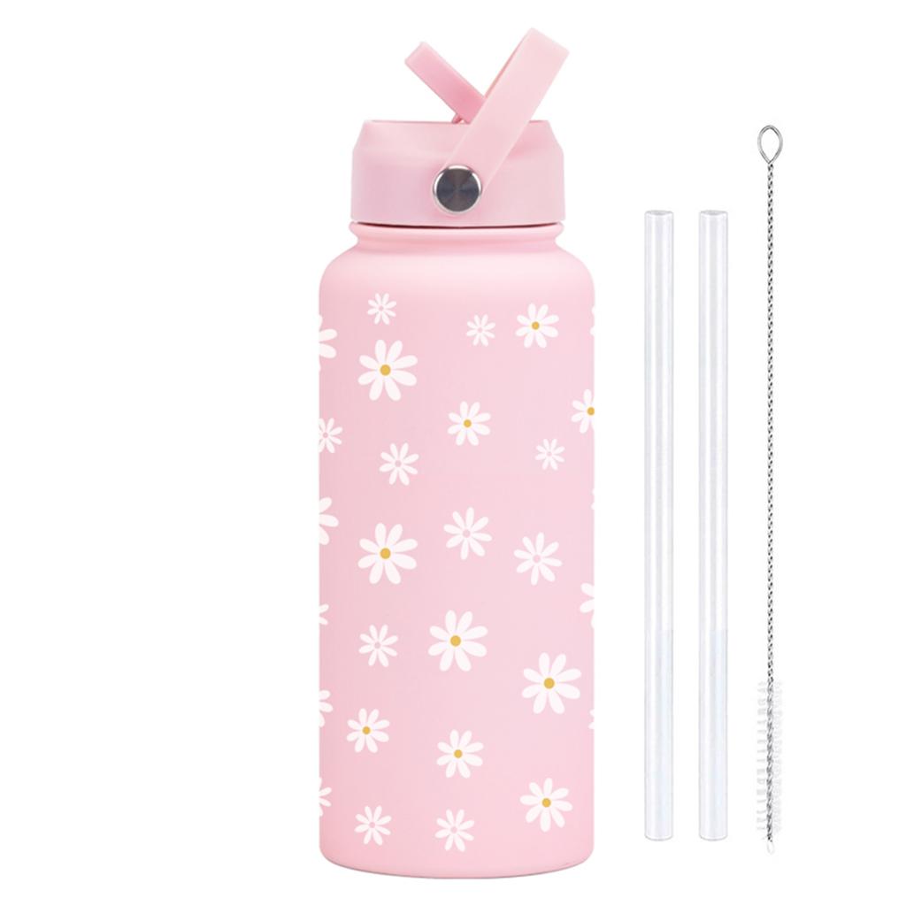 1L Insulated Water Bottle with Flip Straw and Handle Pink Bow Thermal Flask Wide Mouth Stainless Steel for Travel Gym and School