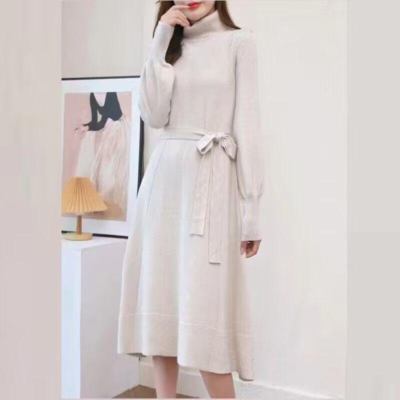 Pletené dlouhé šaty s polovičním rolákem pro podzimní a zimní dámské nošení, svetrové šaty ke kolenům, svetrové šaty střední délky se stahováním v pase, svetr