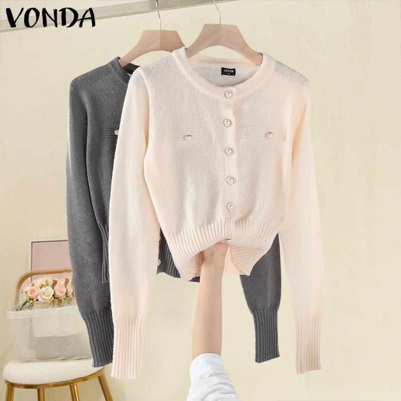 VONDA Women Autumn Round Neck Long Sleeve Pearl Button Cardigans