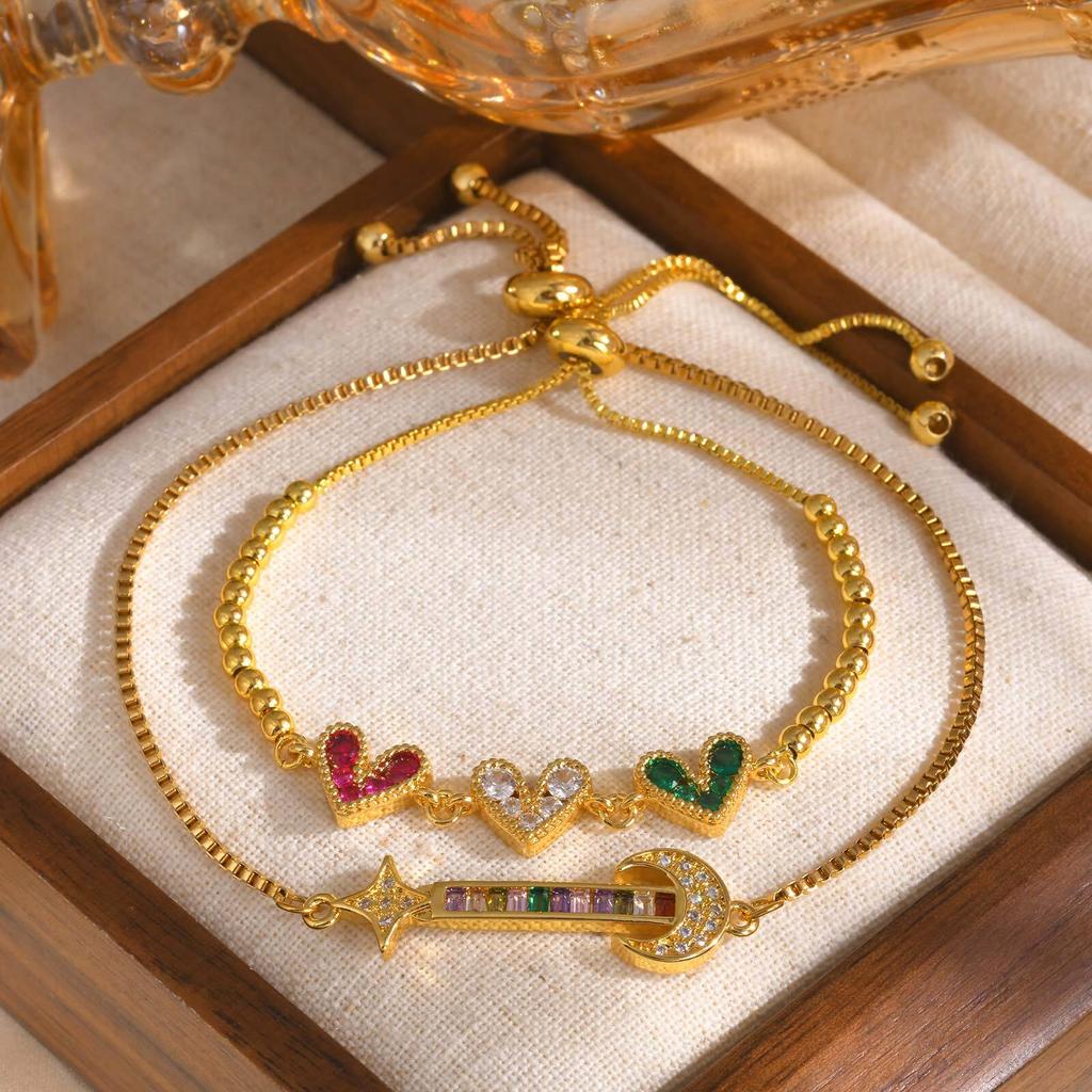 Colored Zircon Stone Heart Women's Bracelet Moon Star Adjustable Box Chain Wristband Jewelry Gift For Girlfriend Valentine's Day