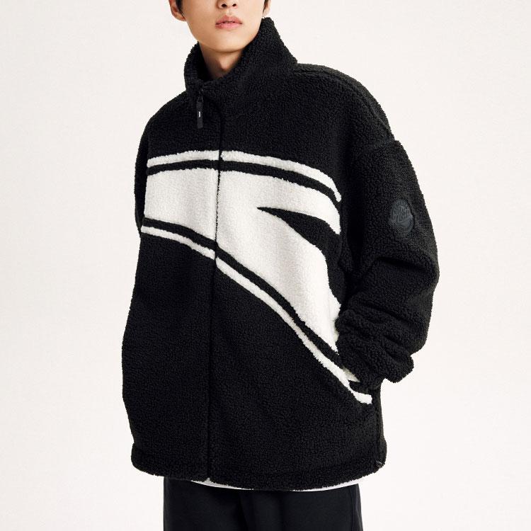 Anta Lifestyle Series Solid Color Large Logo Zipper Stand Collar Thick Lamb Fleece Jacket Unisex Jacket Black 972348708-3