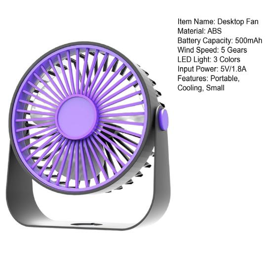 USB Desk Fan 5 Gears Wind Speed Portable Table Fan with 3 Color LED Lights Rechargeable Quiet Small Fan for Home Office Bedroom Desktop