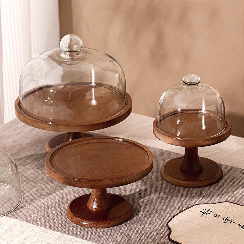 Walnut High-footed Wooden Cake Tray with Glass Lid