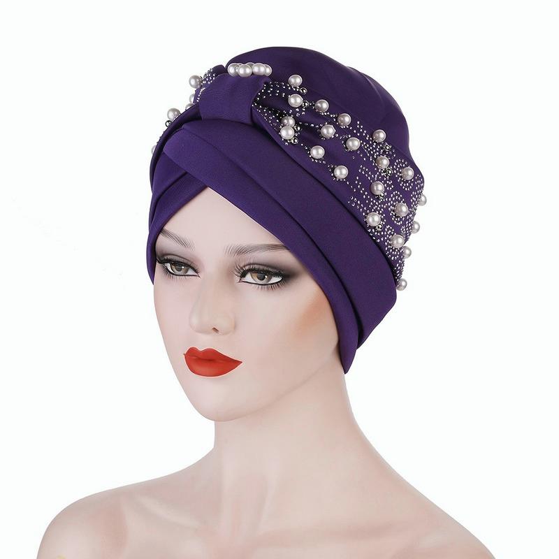 Women's Solid Color Hot Drilling Pearl Turban Hat Cap Head Hat Accessories