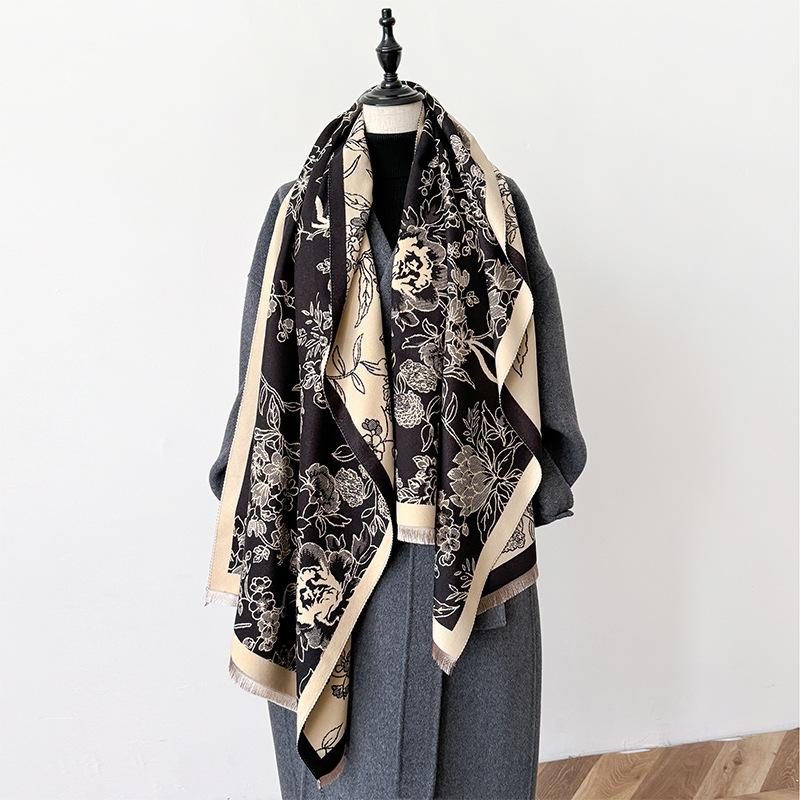 Flower And Plant Texture Double-Sided Scarf, Winter High-End Warm Shawl, Outer Cover For Women