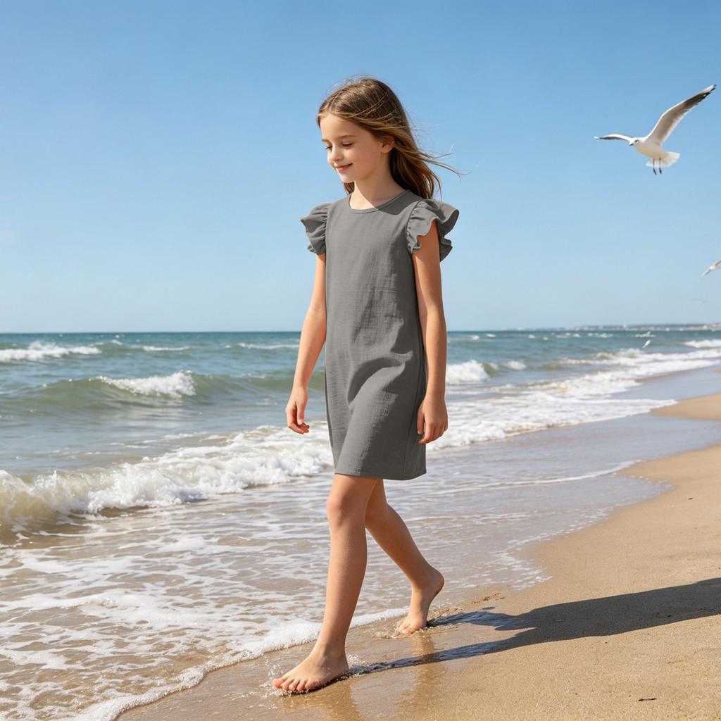 Girls Ruffle Sleeve Casual Dress Crew Neck Soft Fabric Comfortable Fit Simple Design for Everyday Wear