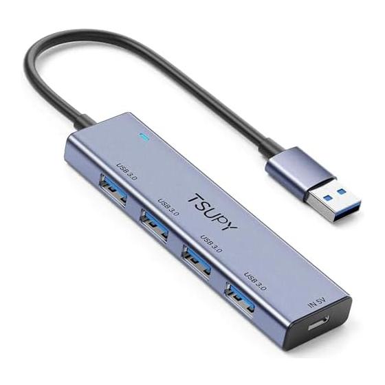 USB hub USB3.2 Gen1 5-port mini 20cm, TSUPY USB 3.0 hub with USB-C port for power supply, 5Gbps high-speed transfer, bus power [Aluminum housing,